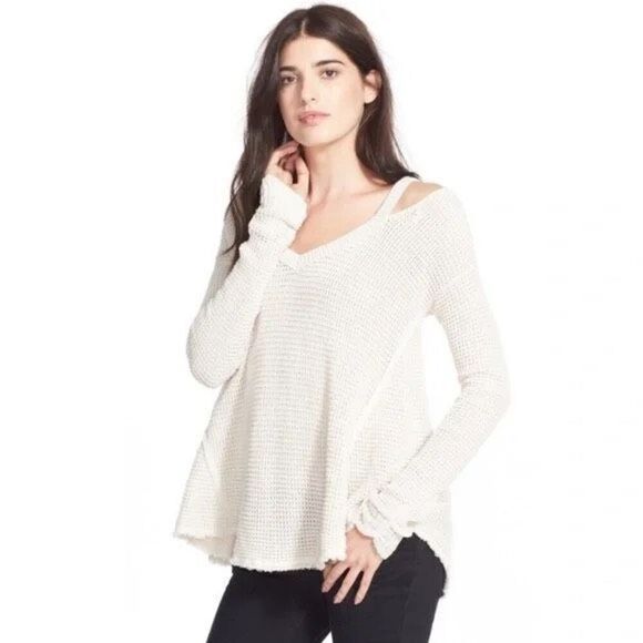 Free People Moonshine Cut Out Cotton Sweater Swing Crochet Bohemian XS Cream - Picture 2 of 8